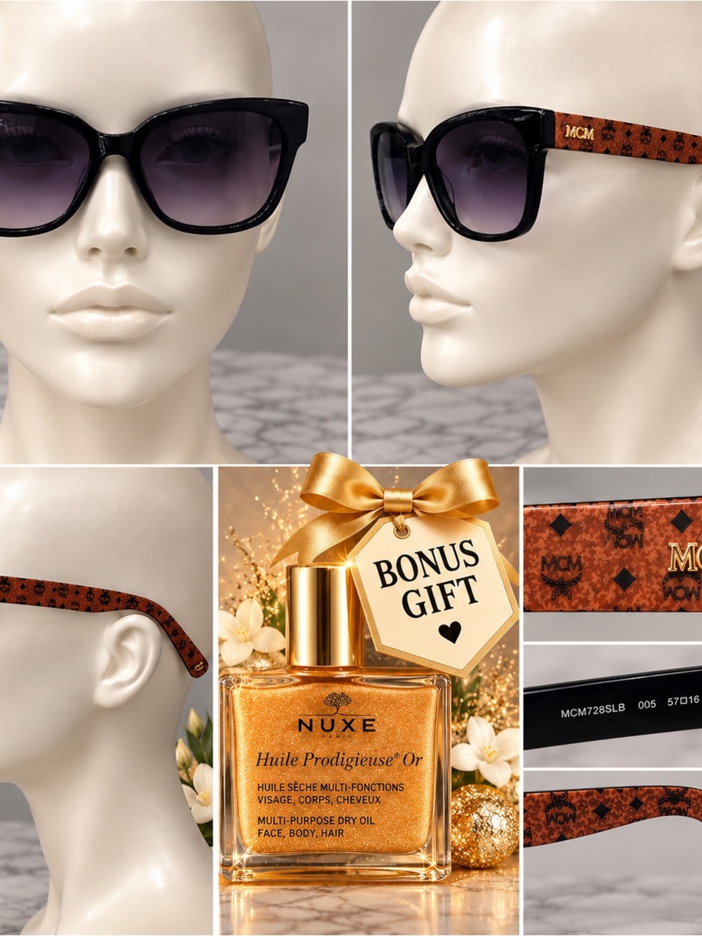 Authentic MCM Visetos Black & Cognac Sunglasses Bundle + Nuxe 1.6ml Bonus Gift